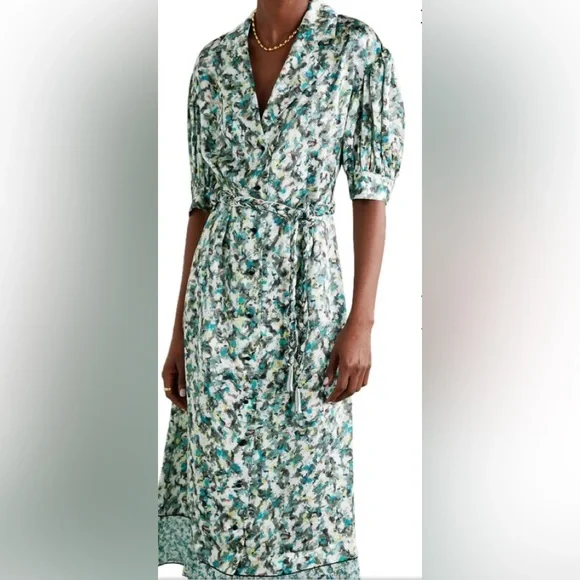 NWT DYVNA belted printed chiffon trimmed hammered silk satin midi length dress